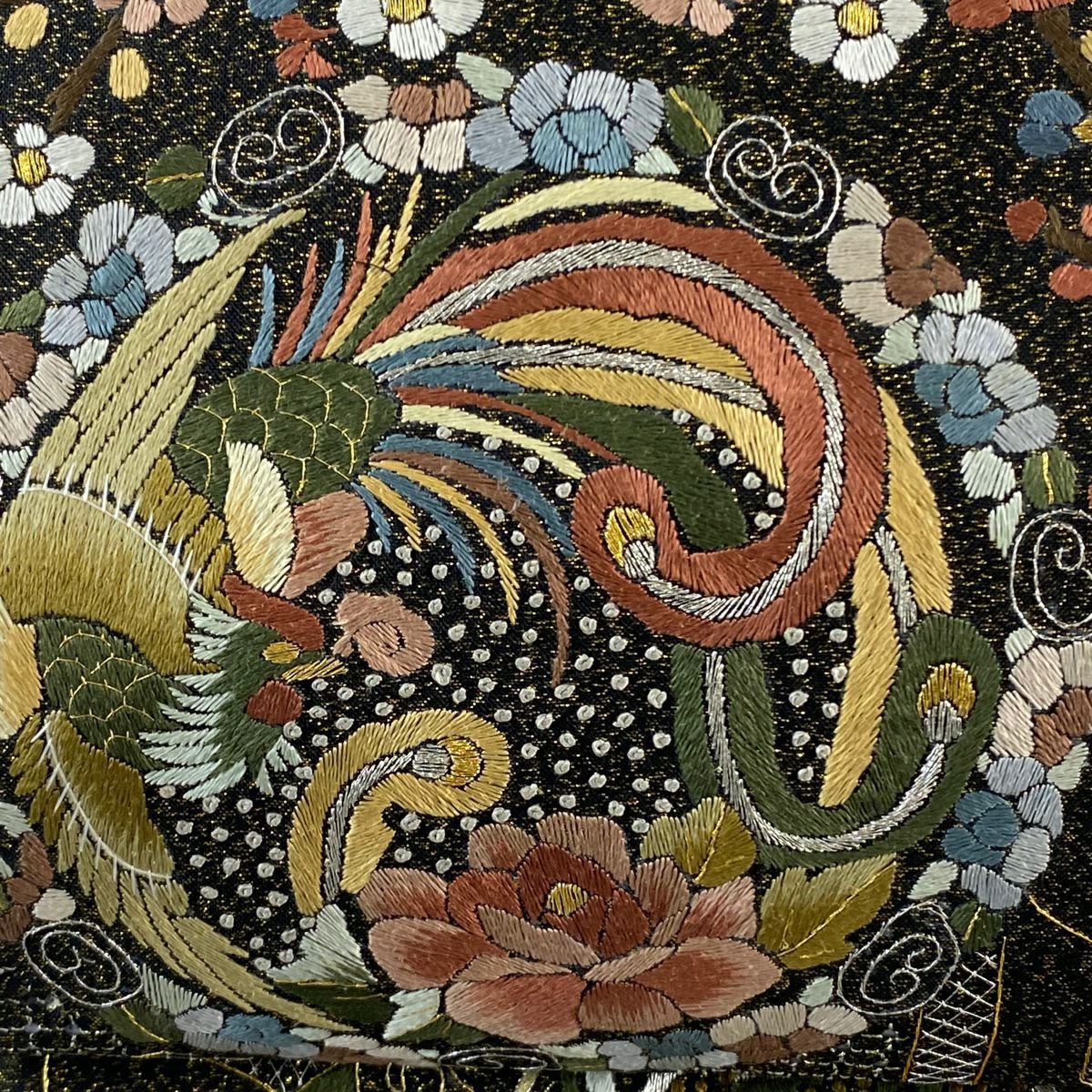 袋帶 逸品級 華紋 花鳥 金銀彩 刺繡 黑 六通 純蠶絲
