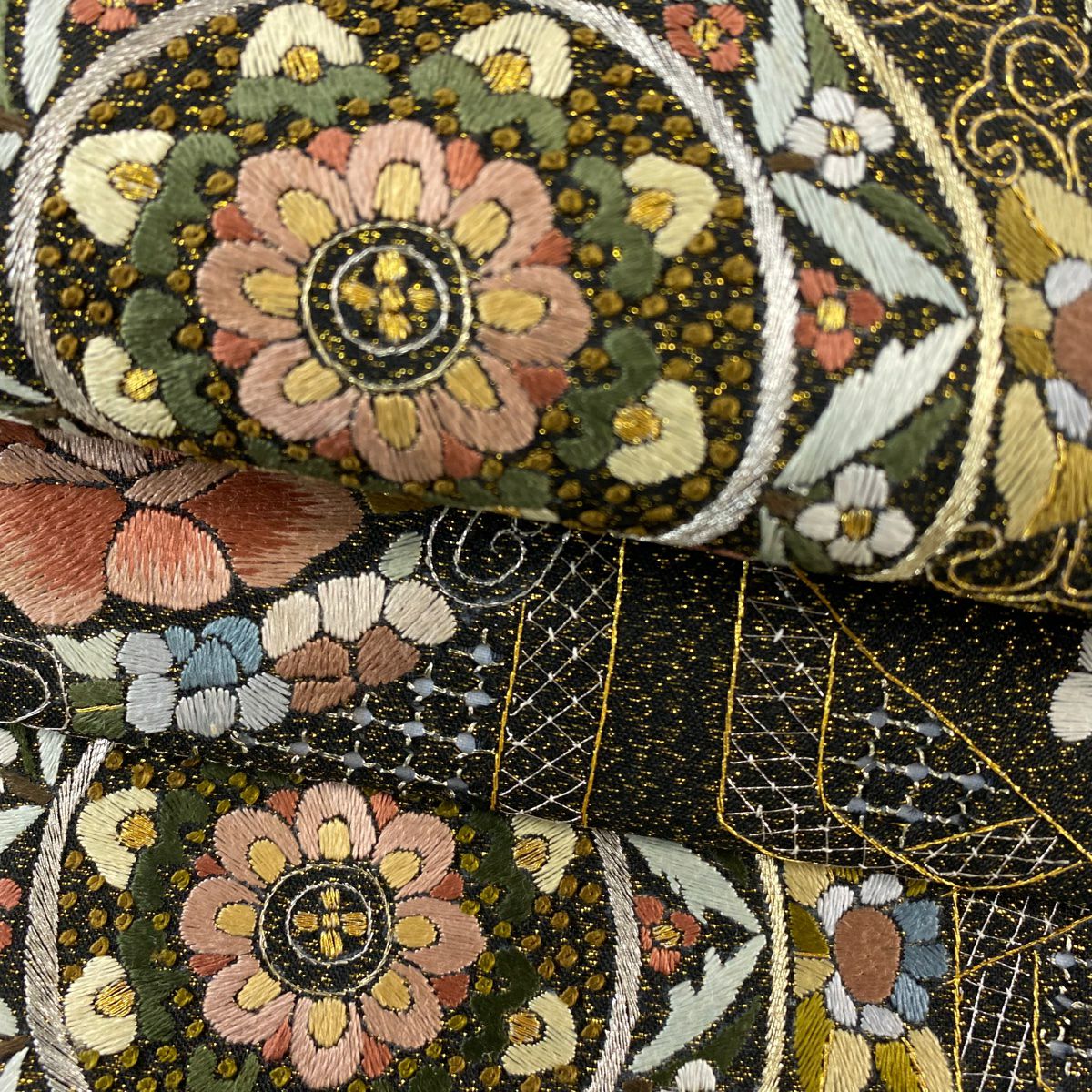 袋帶 逸品級 華紋 花鳥 金銀彩 刺繡 黑 六通 純蠶絲
