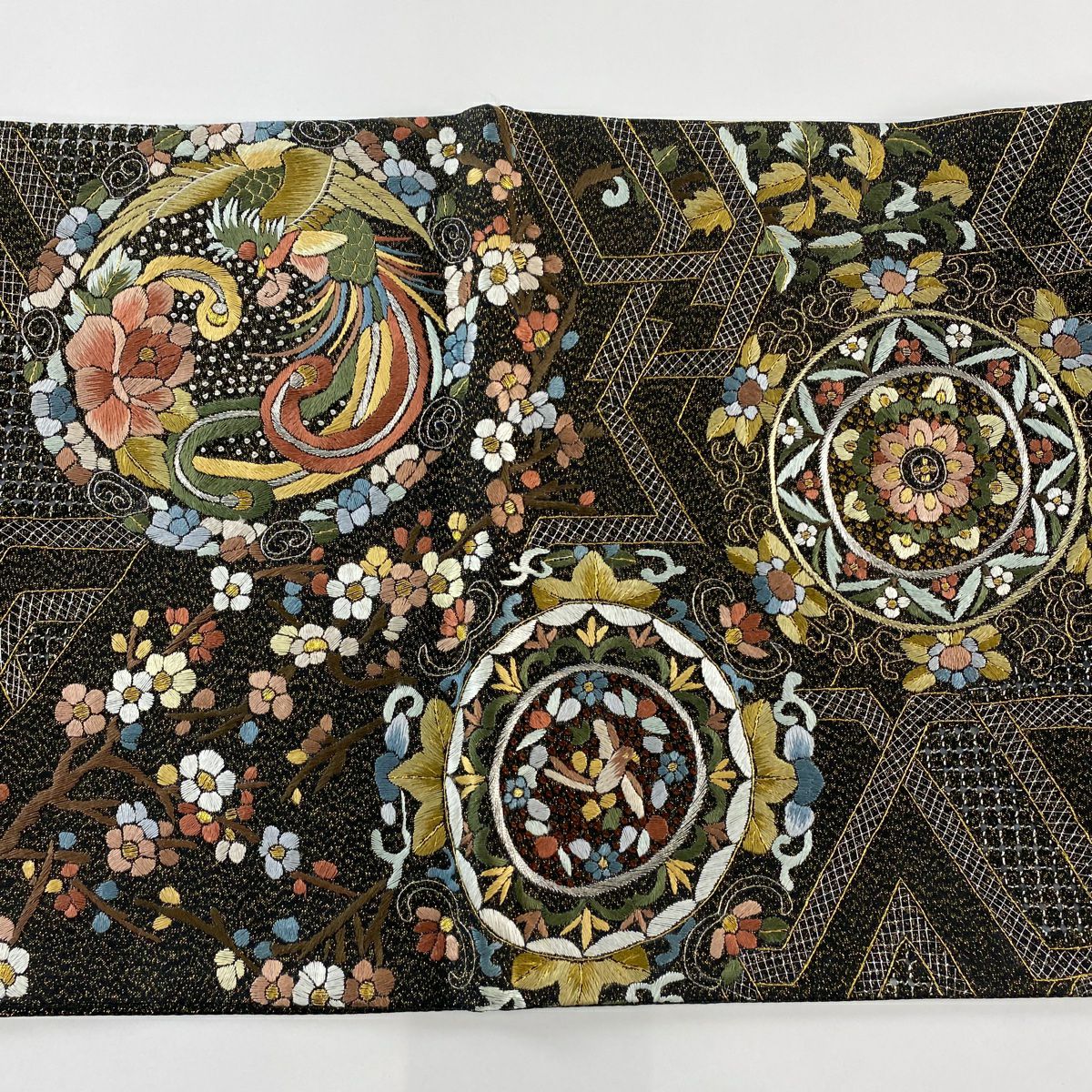 袋帶 逸品級 華紋 花鳥 金銀彩 刺繡 黑 六通 純蠶絲