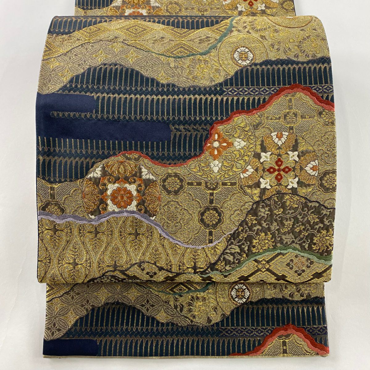 袋帶 秀品級 煌彩 花唐草紋 道長取 金絲 金金箔 深藍 六通 純蠶絲
