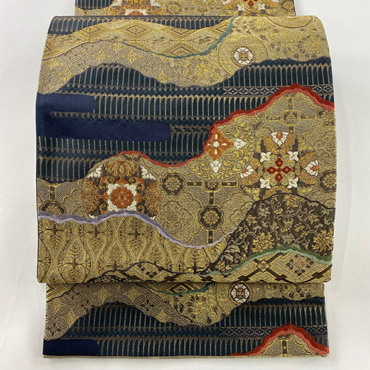 袋帶 秀品級 煌彩 花唐草紋 道長取 金絲 金金箔 深藍 六通 純蠶絲