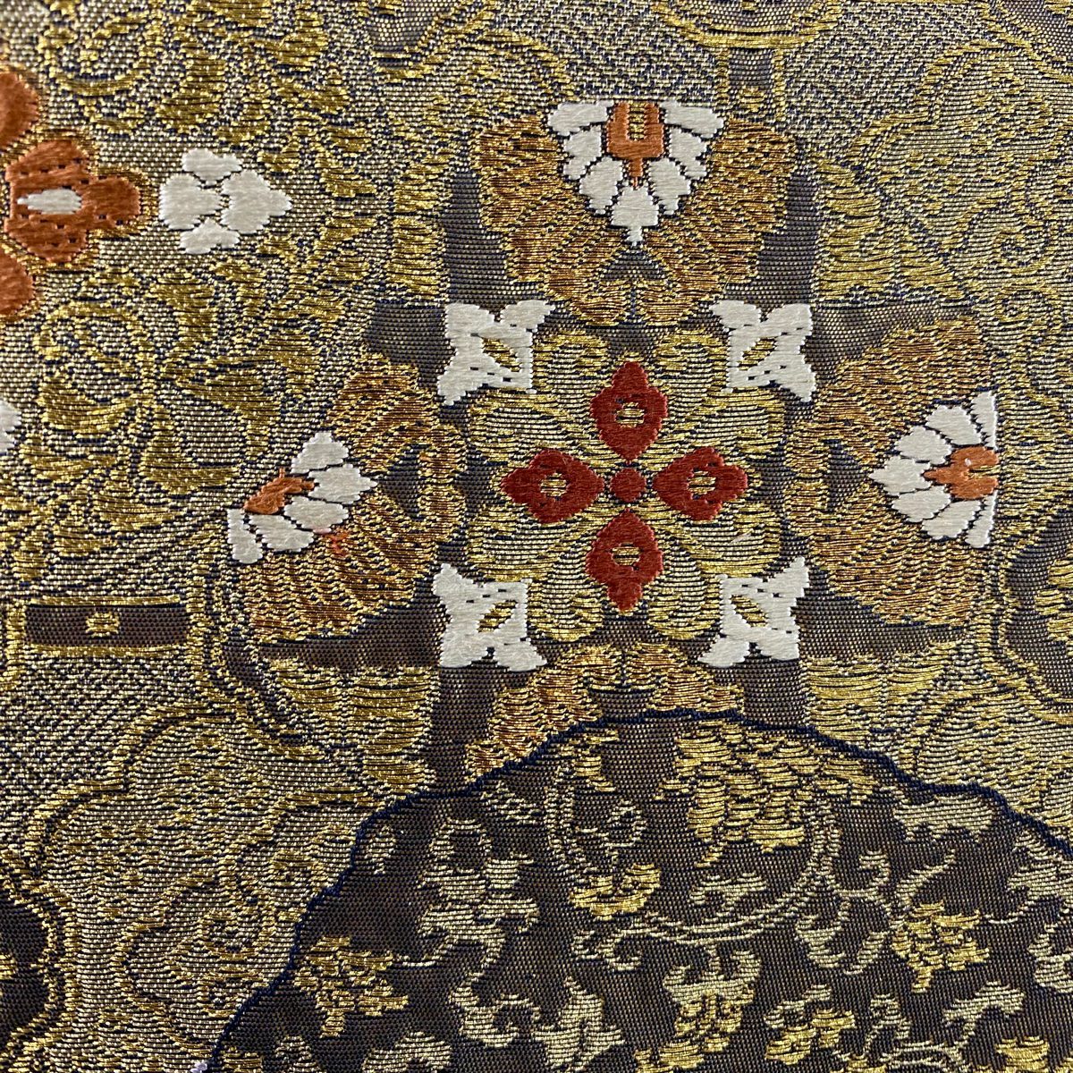 袋帶 秀品級 煌彩 花唐草紋 道長取 金絲 金金箔 深藍 六通 純蠶絲