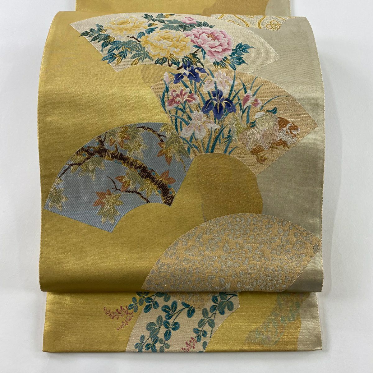 袋帶 秀品級 扇子面 花鳥 金銀線 金金箔 金色 六通 純蠶絲