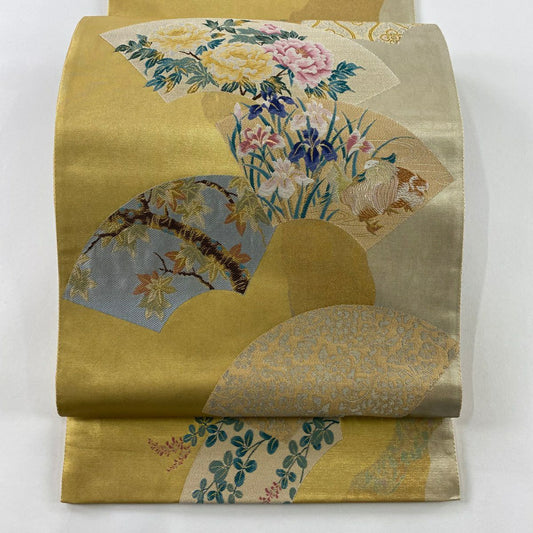 袋帶 秀品級 扇子面 花鳥 金銀線 金金箔 金色 六通 純蠶絲