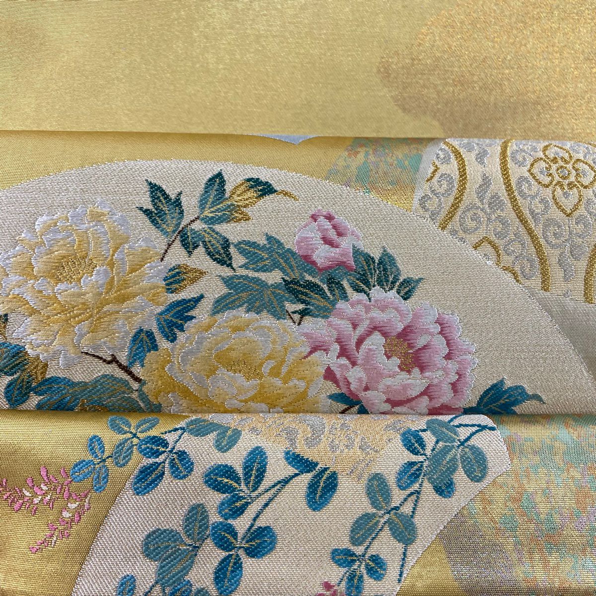 袋帶 秀品級 扇子面 花鳥 金銀線 金金箔 金色 六通 純蠶絲