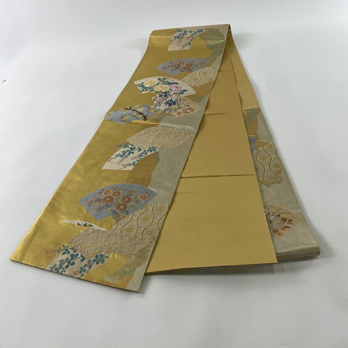 袋帶 秀品級 扇子面 花鳥 金銀線 金金箔 金色 六通 純蠶絲