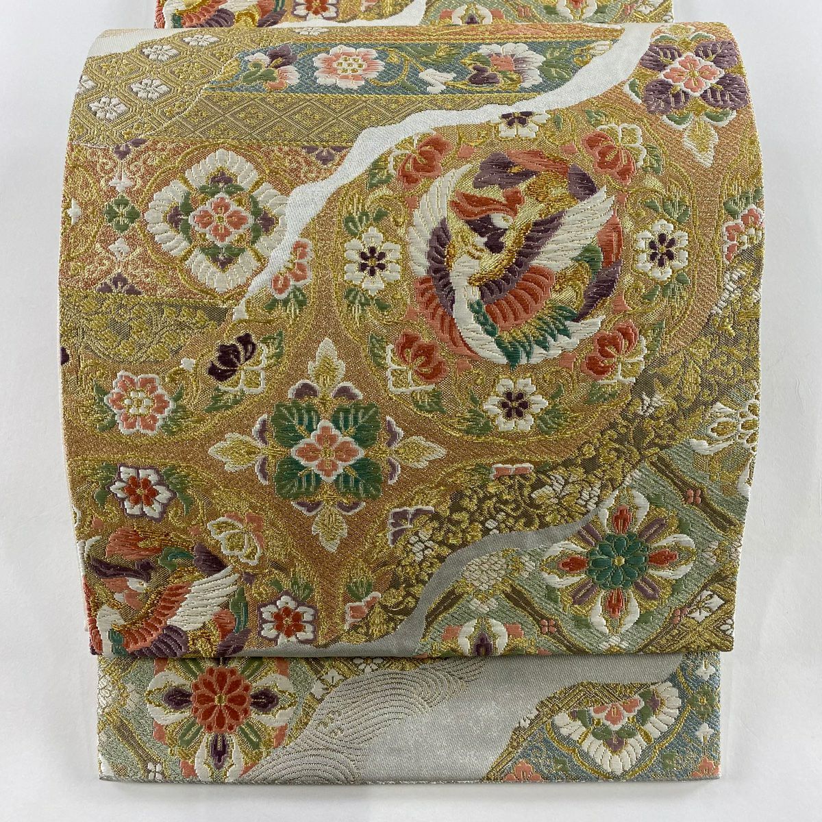 【美品】 袋帶 秀品級 關西仕立 鳳凰 華紋 金絲 金金箔 銀 六通 純蠶絲