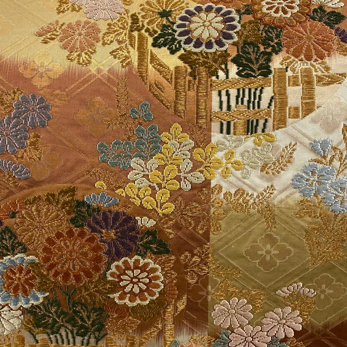 【美品】 袋帶 秀品級 關西仕立 秋草 花菱 刺繡 金線 紅茶 六通 純蠶絲