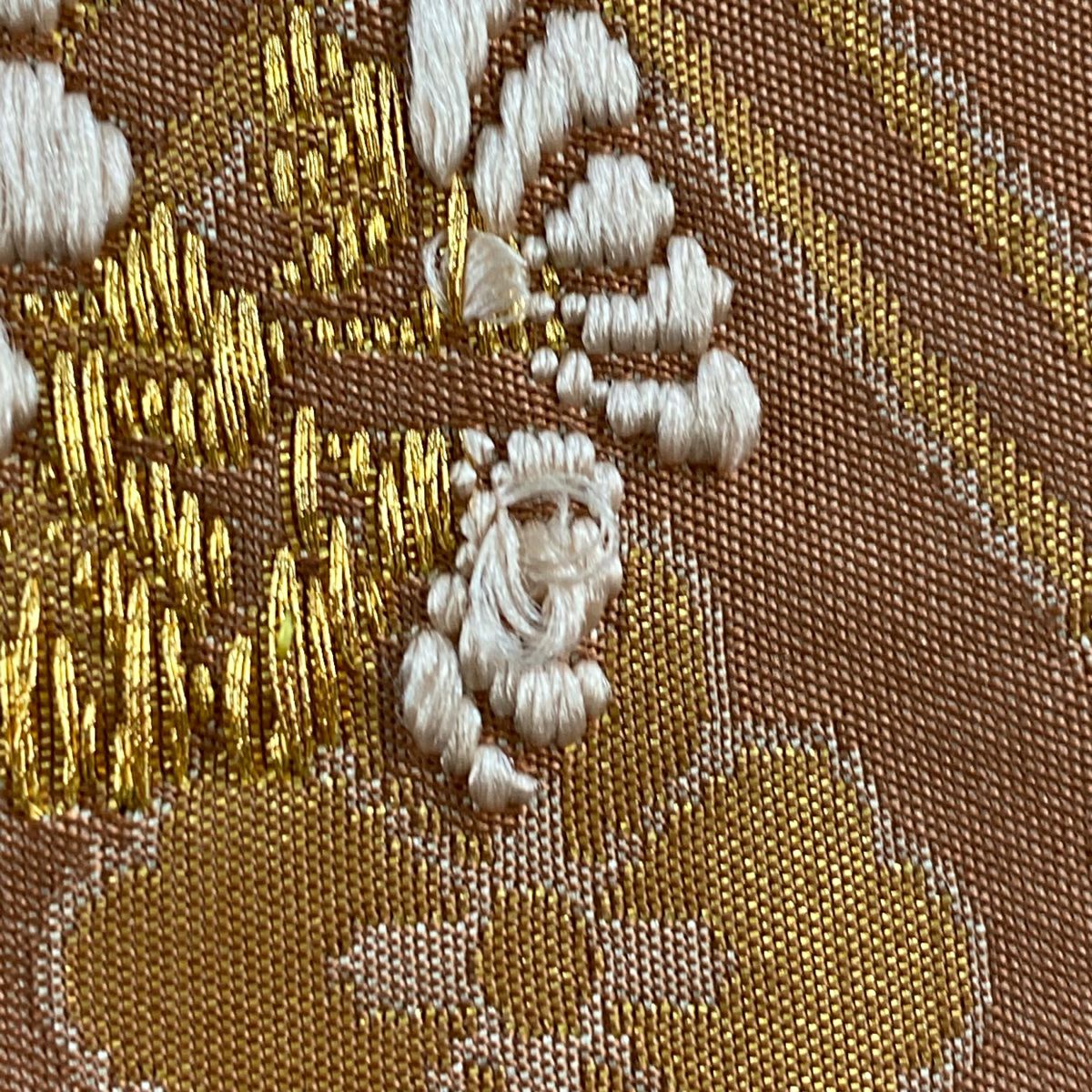 【美品】 袋帶 秀品級 關西仕立 秋草 花菱 刺繡 金線 紅茶 六通 純蠶絲