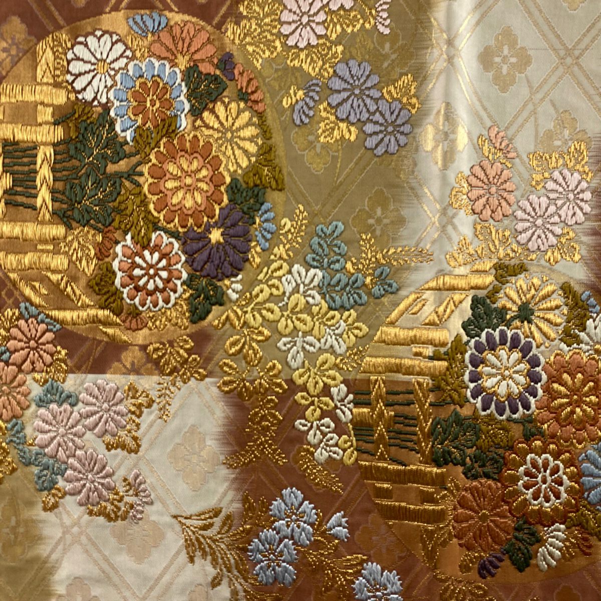 【美品】 袋帶 秀品級 關西仕立 秋草 花菱 刺繡 金線 紅茶 六通 純蠶絲