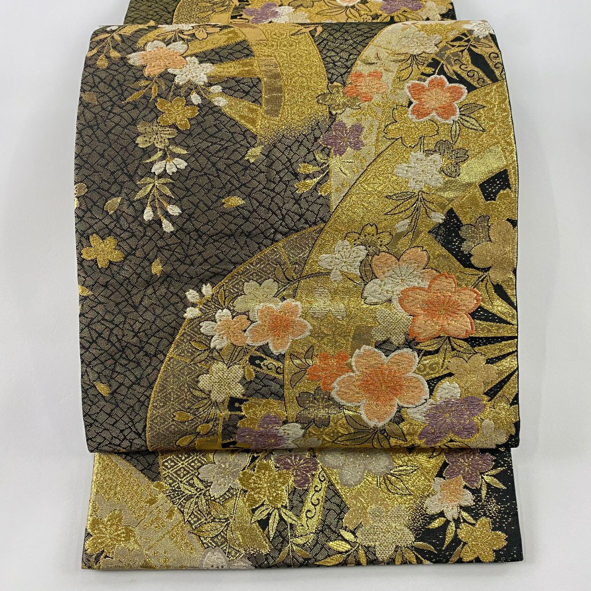 【美品】 袋帶 秀品級 櫻花 片端車 金金箔 金銀彩 金色 六通 純蠶絲