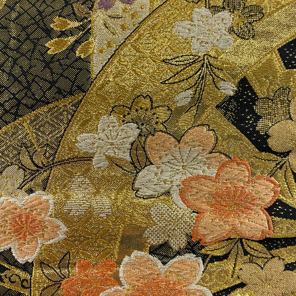 【美品】 袋帶 秀品級 櫻花 片端車 金金箔 金銀彩 金色 六通 純蠶絲