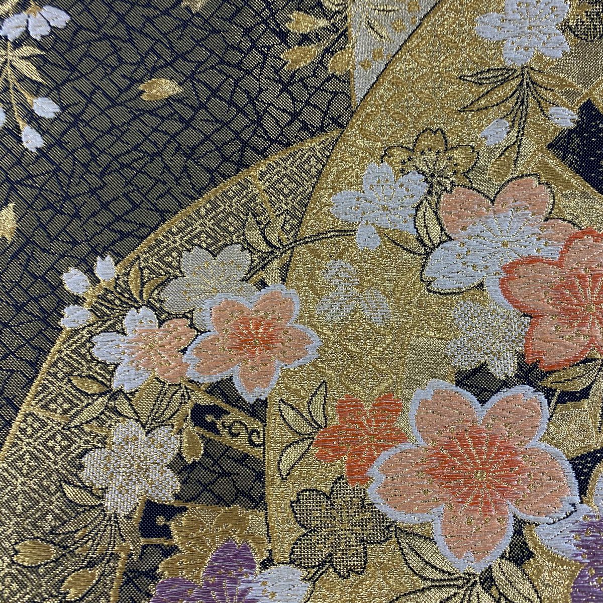【美品】 袋帶 秀品級 櫻花 片端車 金金箔 金銀彩 金色 六通 純蠶絲