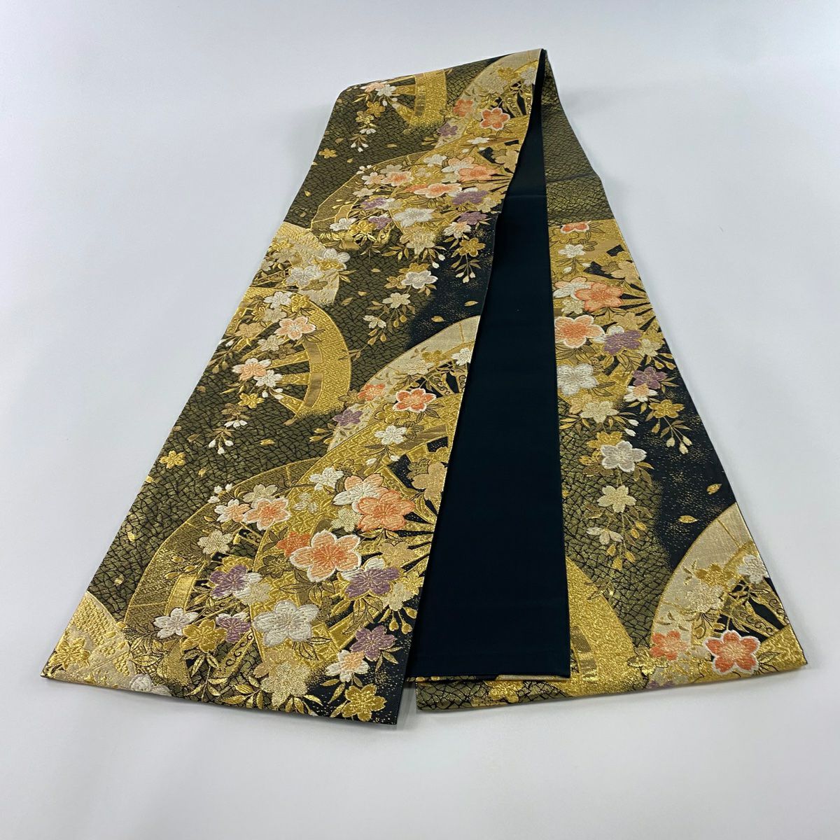 【美品】 袋帶 秀品級 櫻花 片端車 金金箔 金銀彩 金色 六通 純蠶絲