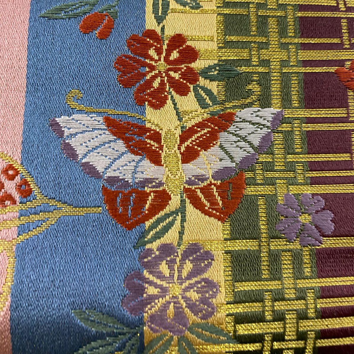 【美品】 袋帶 秀品級 葉柄 花蝶 金絲 茶紫 六通 純蠶絲