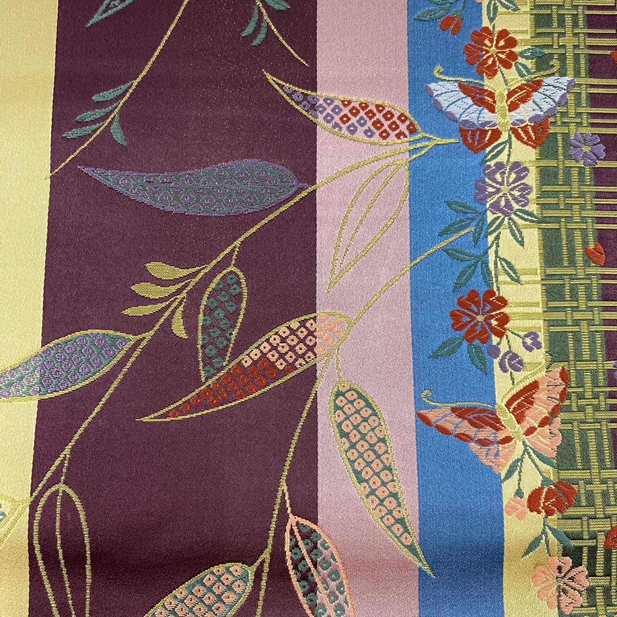 【美品】 袋帶 秀品級 葉柄 花蝶 金絲 茶紫 六通 純蠶絲