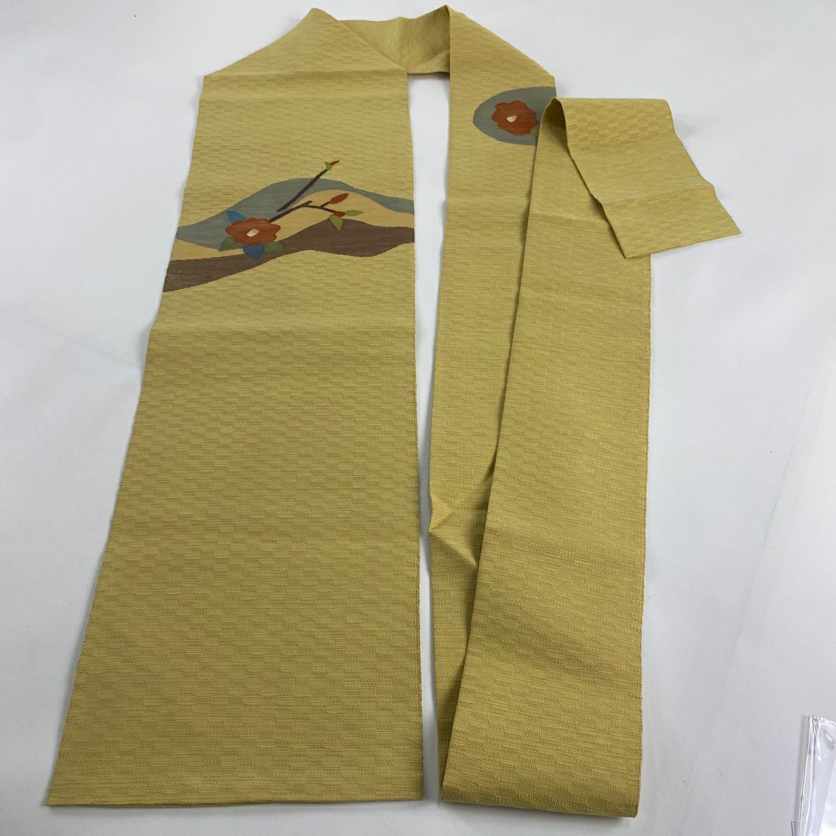 【美品】名古屋帶 優品級 紬織織 椿 幾何學圖案 米色 純蠶絲