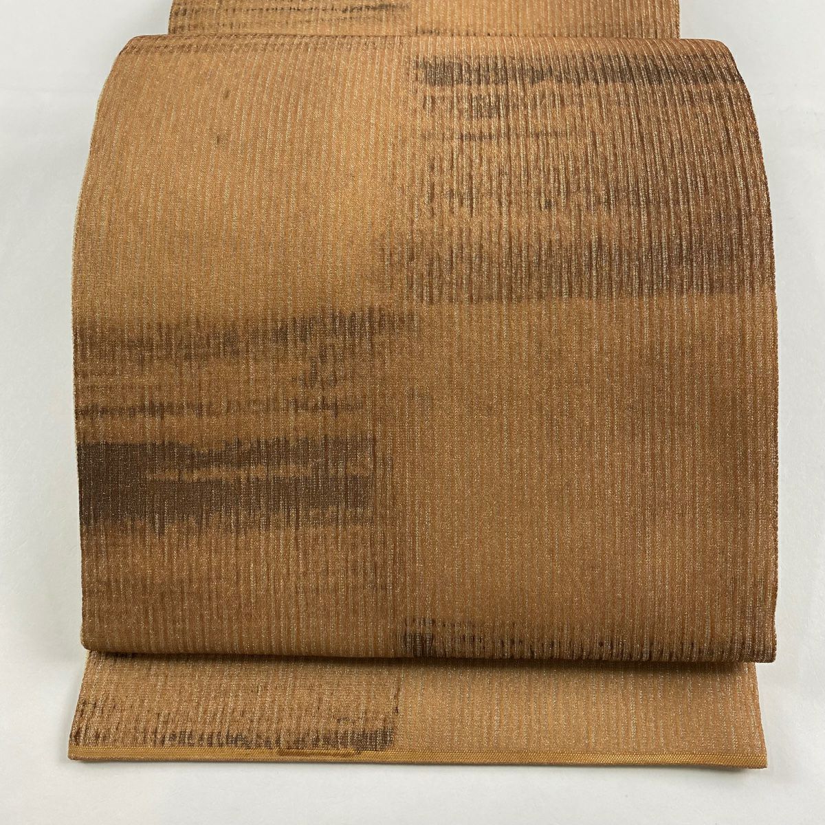 【美品】 袋帶 秀品級 落款あり 幾何學圖案 銀線 淺茶 全通 純蠶絲