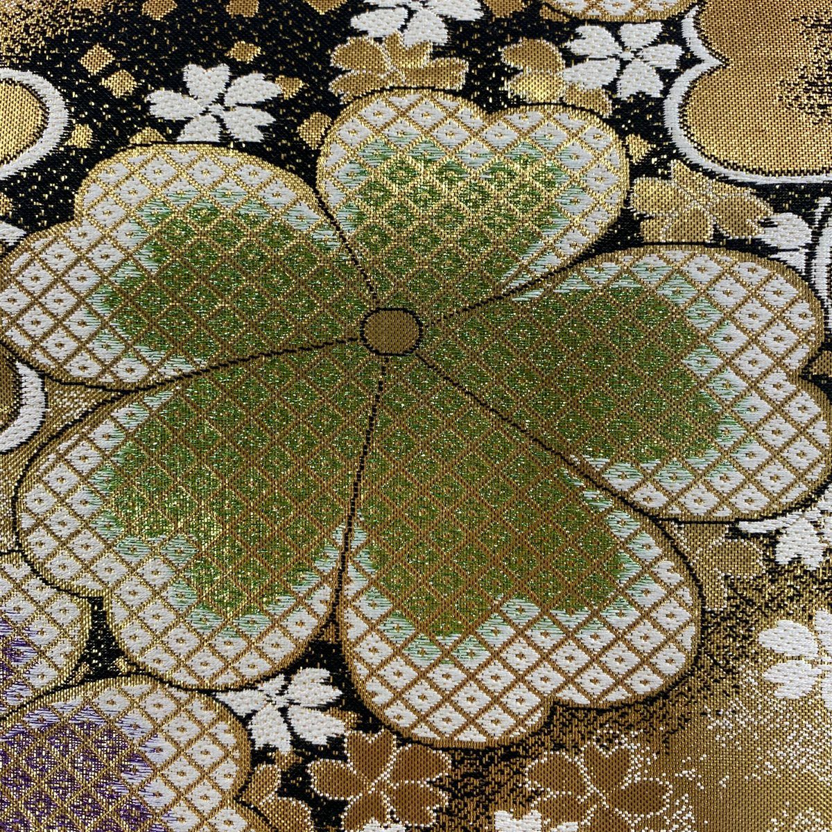 袋帶 秀品級 樱花 かのこ圖案 金金箔 金色 六通 純蠶絲