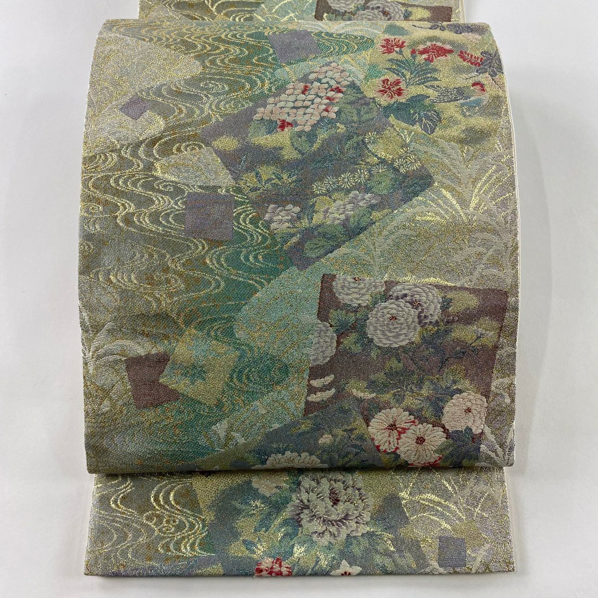 【美品】 袋帶 秀品級 色紙 草花紋紋 金金箔 金線 淺綠 六通 純蠶絲