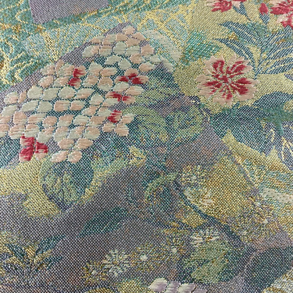 【美品】 袋帶 秀品級 色紙 草花紋紋 金金箔 金線 淺綠 六通 純蠶絲