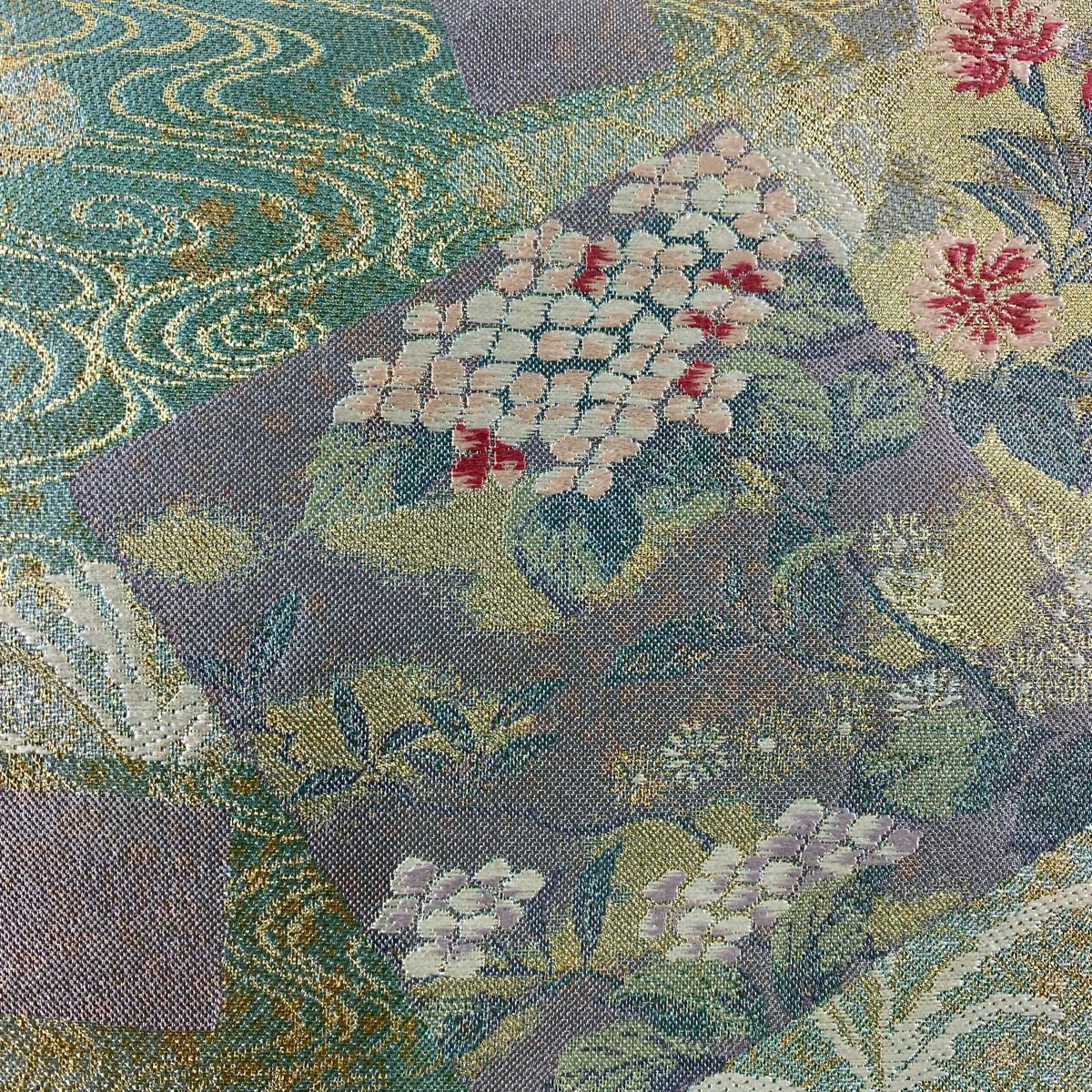 【美品】 袋帶 秀品級 色紙 草花紋紋 金金箔 金線 淺綠 六通 純蠶絲