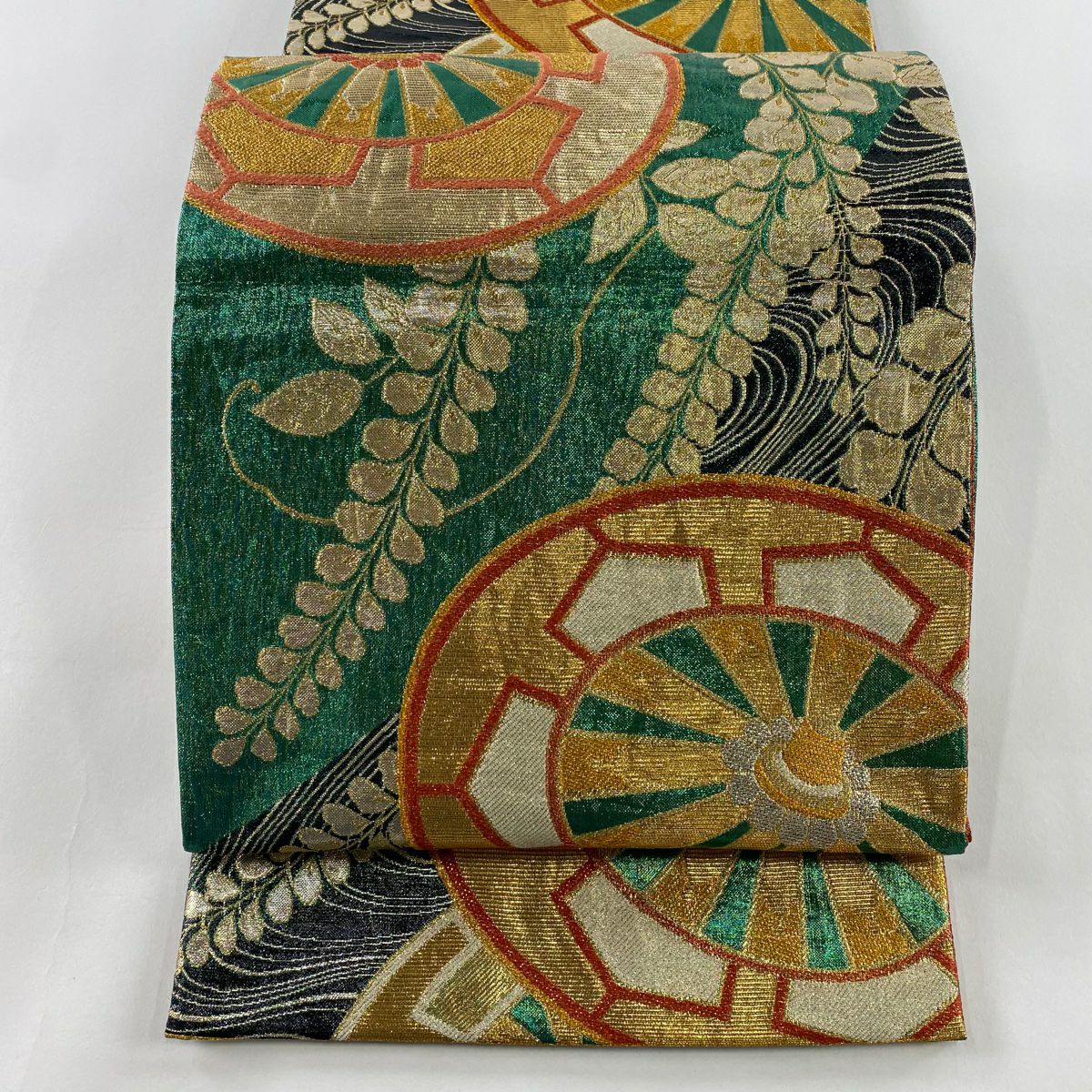 【美品】 袋帶 秀品級 源氏車 藤 金金箔 綠 六通 純蠶絲