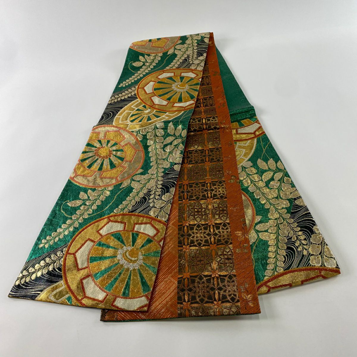 【美品】 袋帶 秀品級 源氏車 藤 金金箔 綠 六通 純蠶絲
