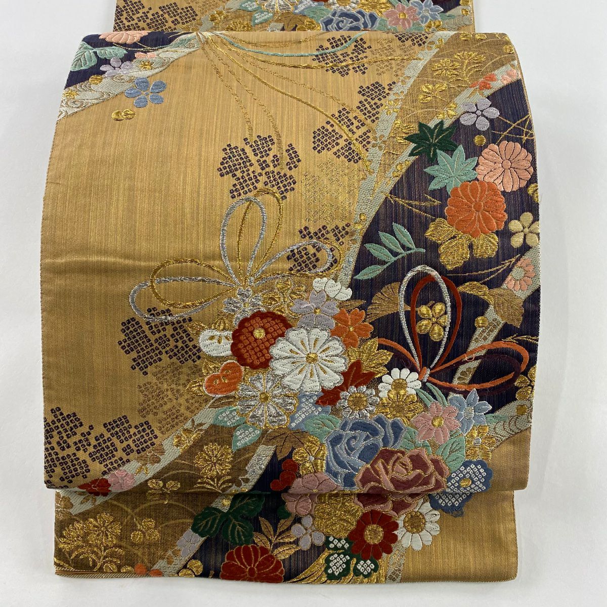 【美品】 袋帶 秀品級 花束 金銀絲 金金箔 淺茶 深色 六通 純蠶絲
