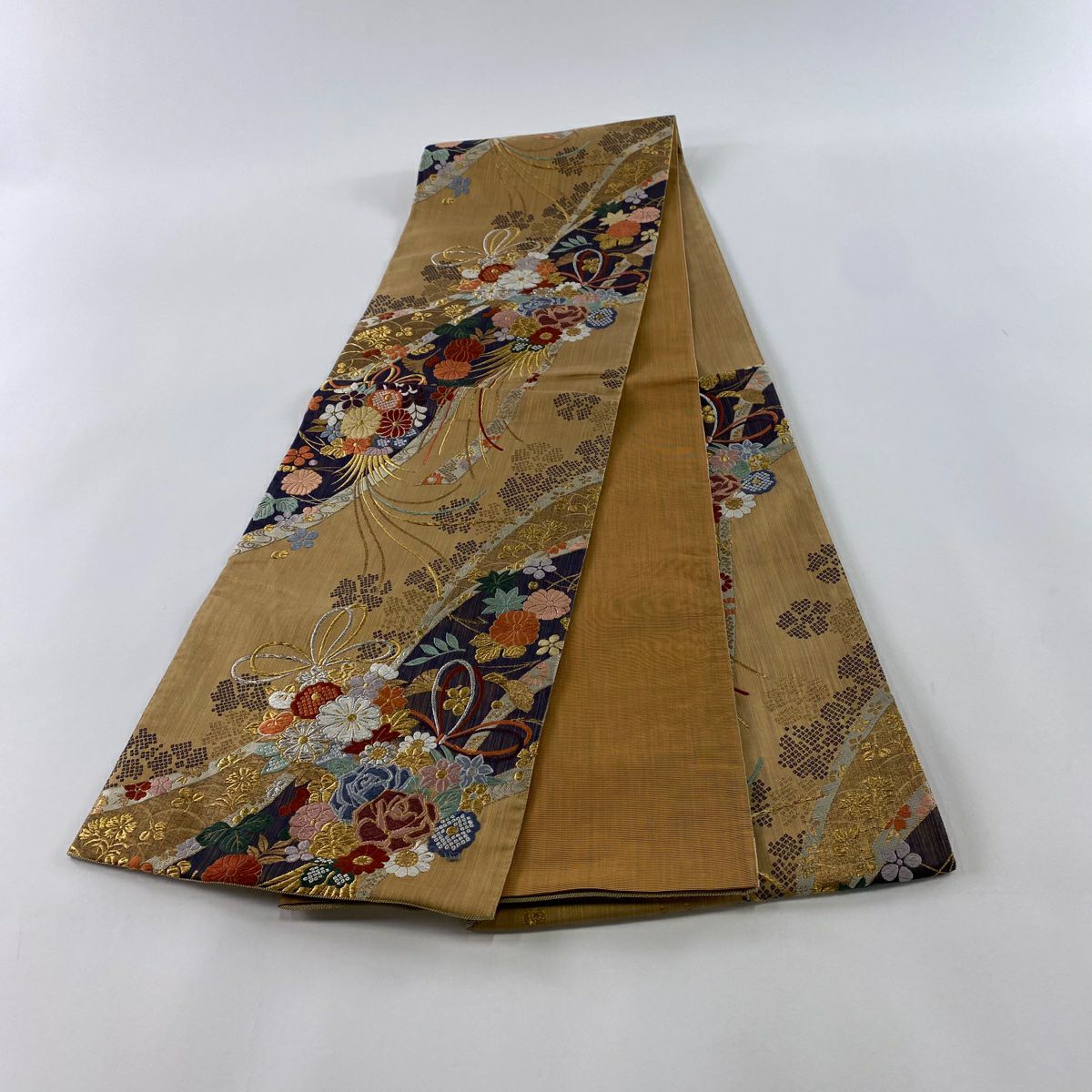 【美品】 袋帶 秀品級 花束 金銀絲 金金箔 淺茶 深色 六通 純蠶絲