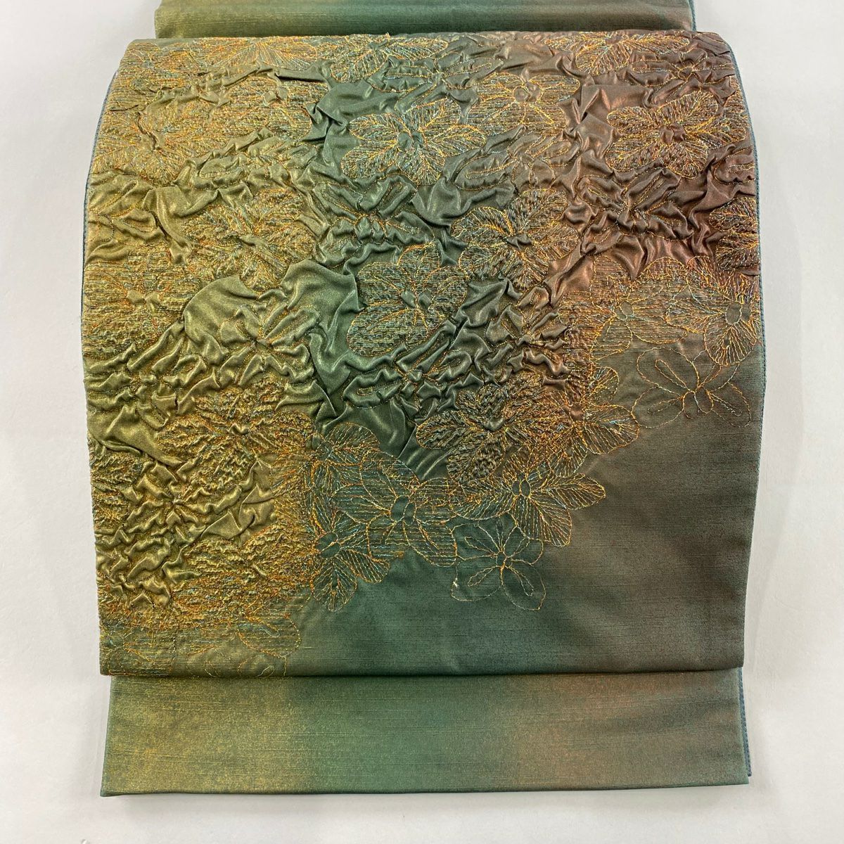 【美品】 袋帶 秀品級 草花紋刺繡 金線 綠色 大鼓圖案 純蠶絲