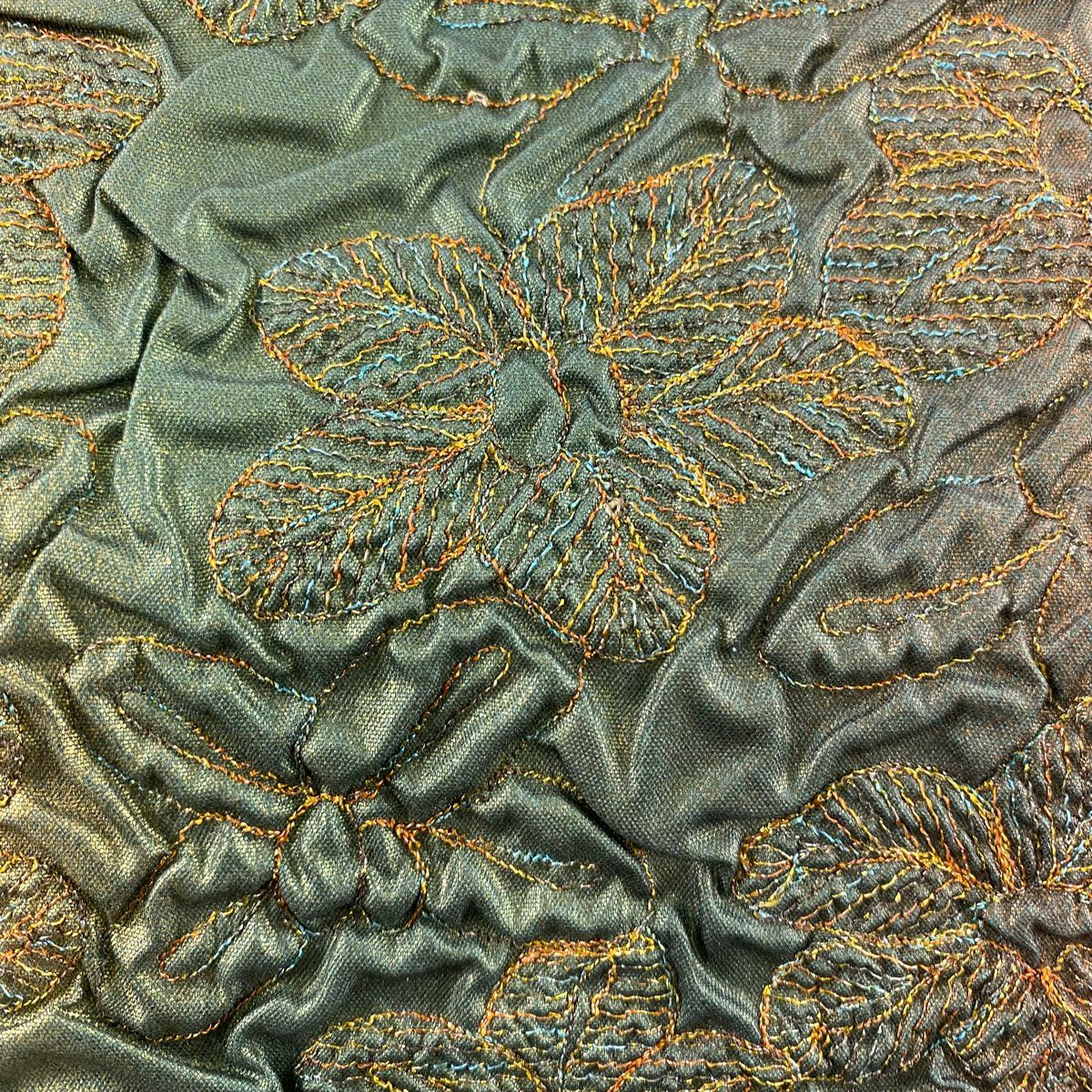 【美品】 袋帶 秀品級 草花紋刺繡 金線 綠色 大鼓圖案 純蠶絲