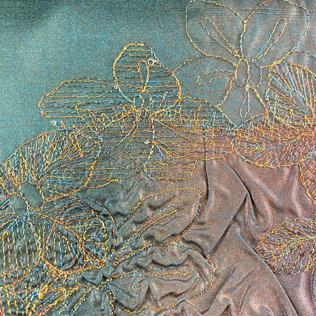 【美品】 袋帶 秀品級 草花紋刺繡 金線 綠色 大鼓圖案 純蠶絲