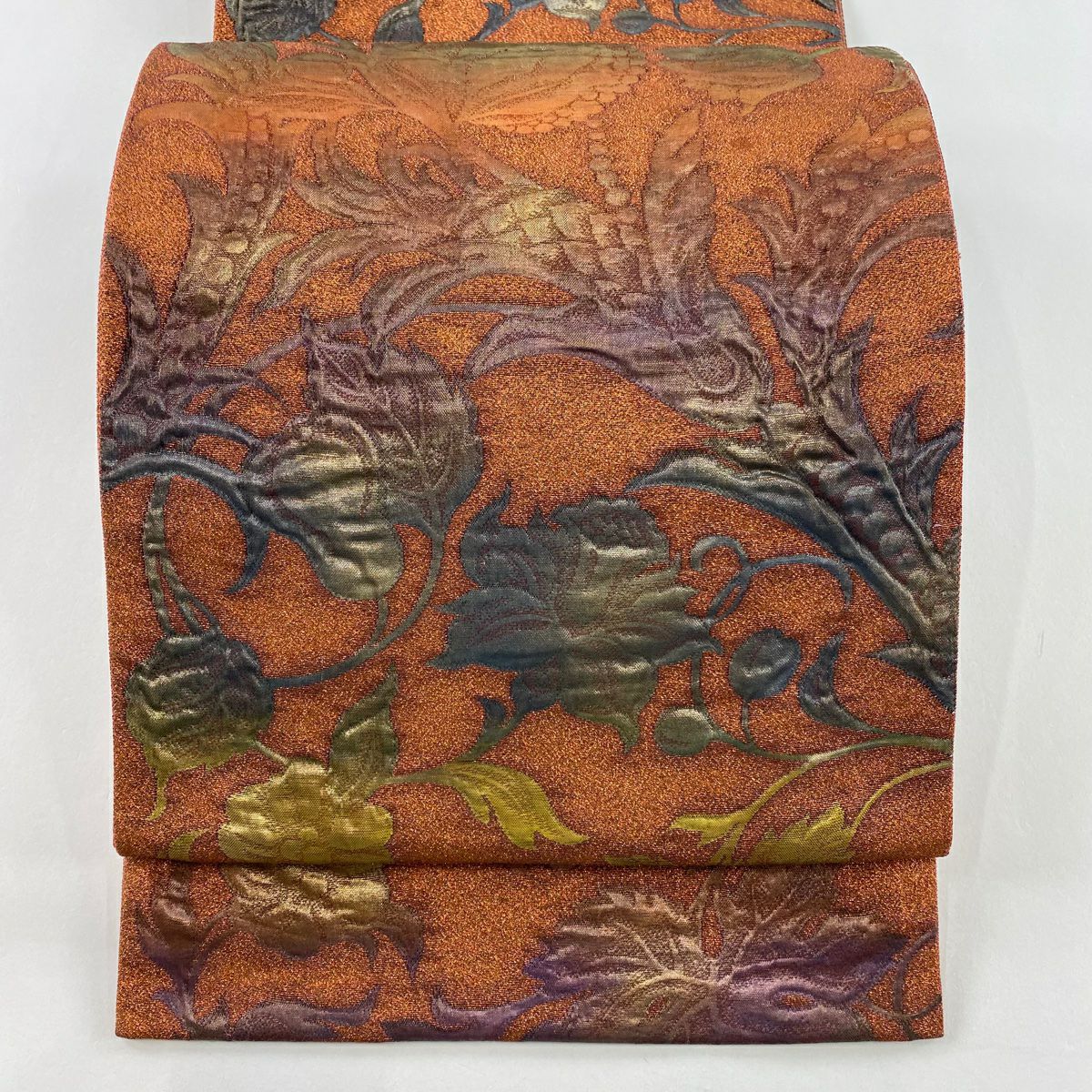【美品】 袋帶 秀品級 花唐草紋 金金箔 橙色 六通 純蠶絲