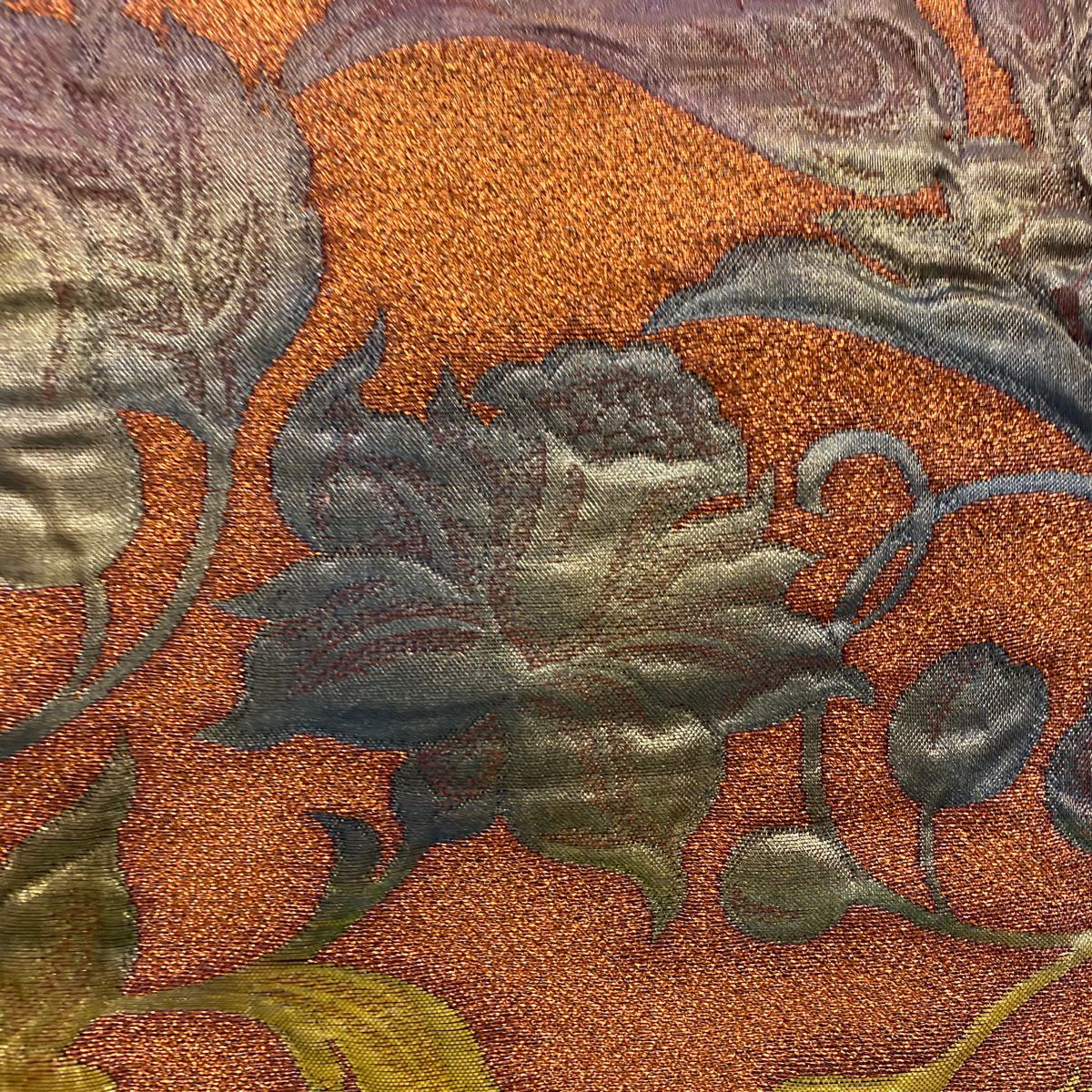 【美品】 袋帶 秀品級 花唐草紋 金金箔 橙色 六通 純蠶絲