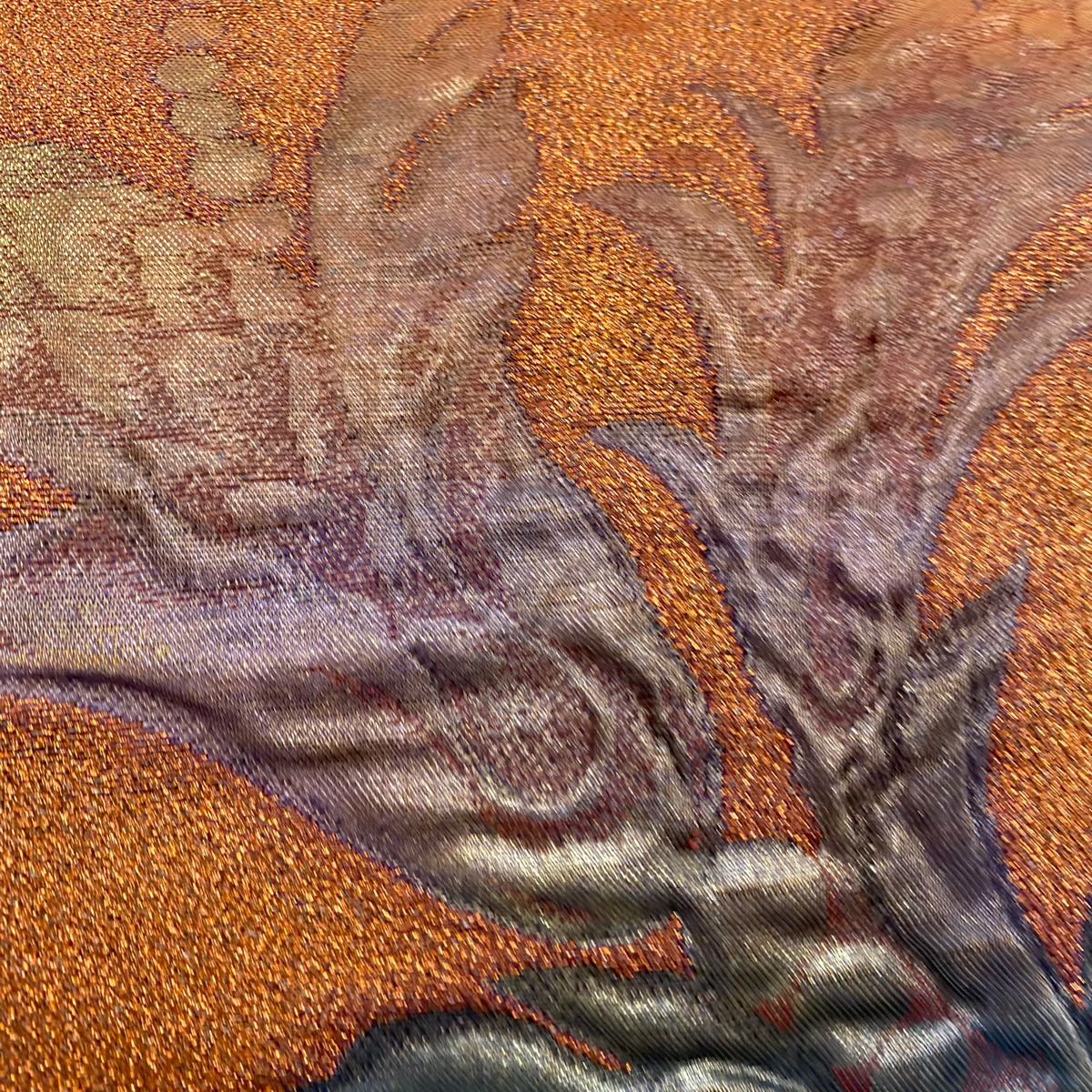 【美品】 袋帶 秀品級 花唐草紋 金金箔 橙色 六通 純蠶絲
