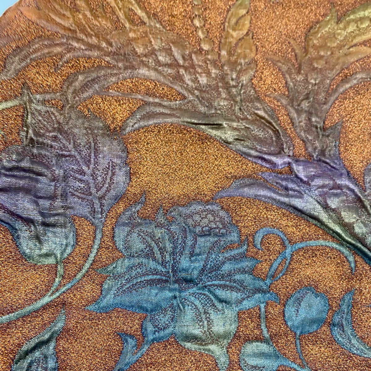 【美品】 袋帶 秀品級 花唐草紋 金金箔 橙色 六通 純蠶絲
