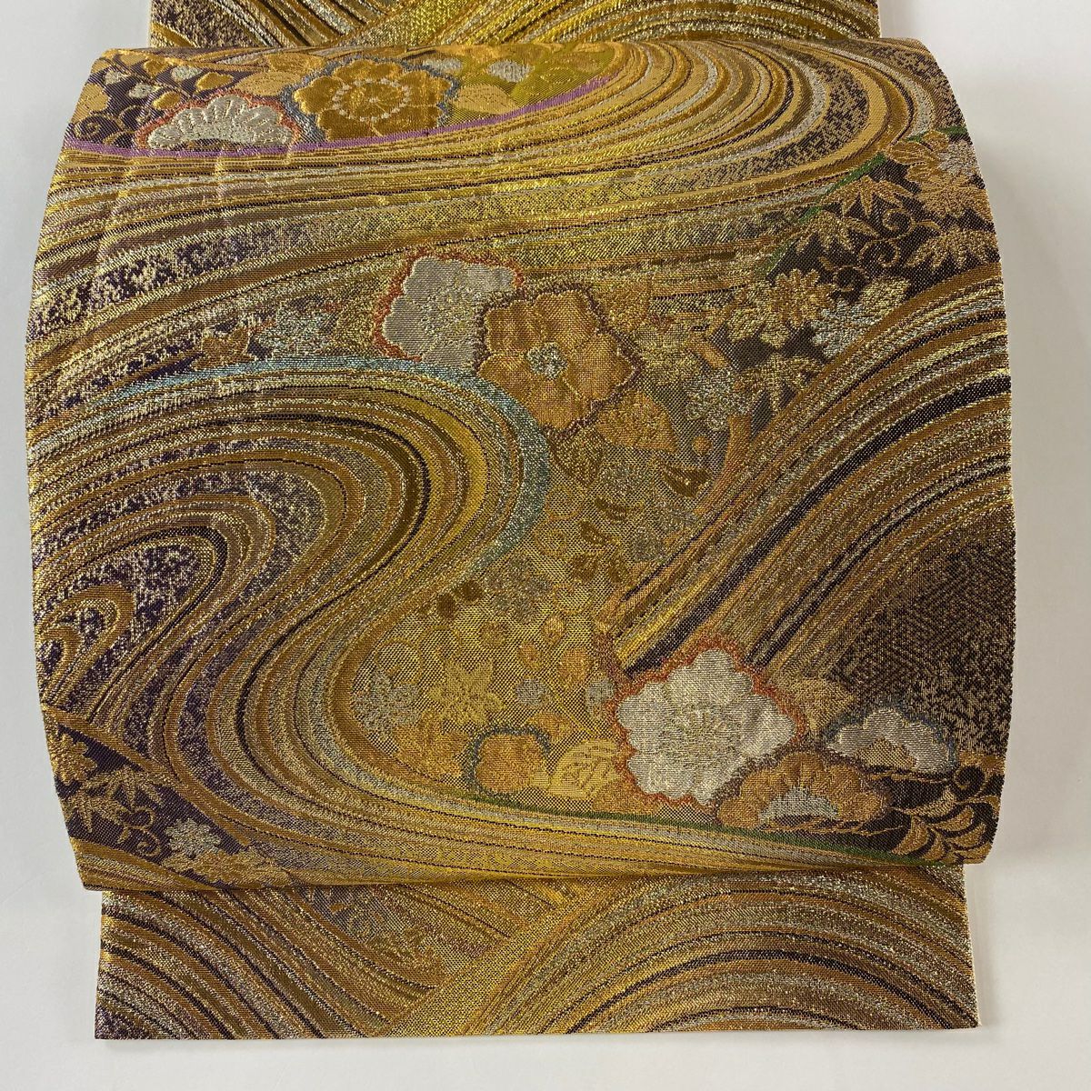 【美品】 袋帶 秀品級 草花紋紋 波 金絲 金金箔 金色 六通 純蠶絲