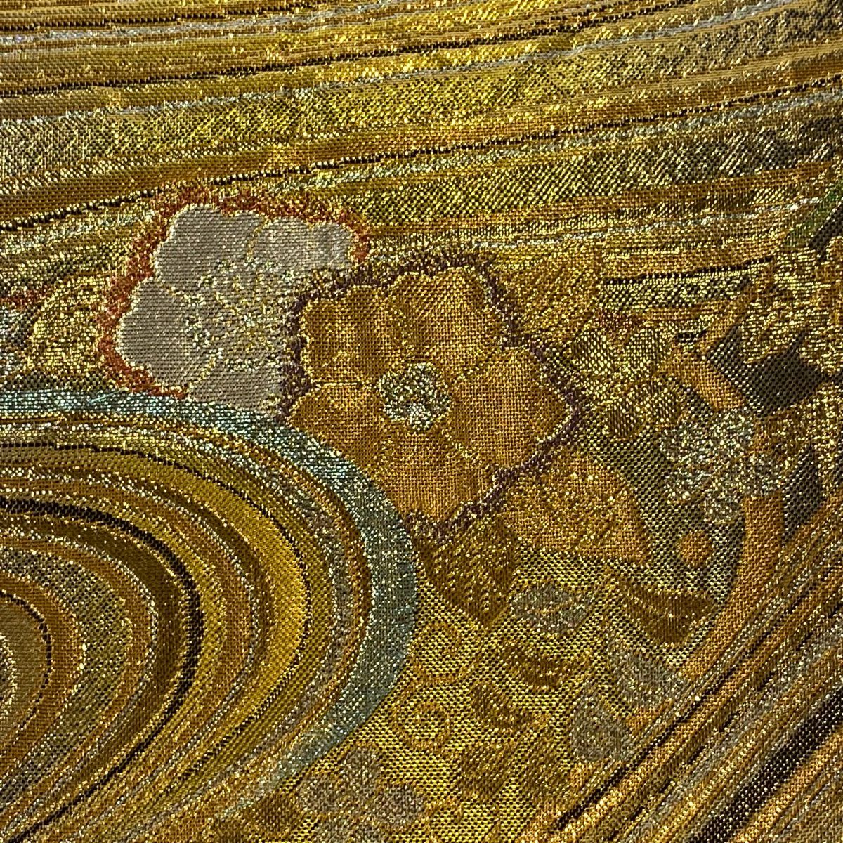 【美品】 袋帶 秀品級 草花紋紋 波 金絲 金金箔 金色 六通 純蠶絲