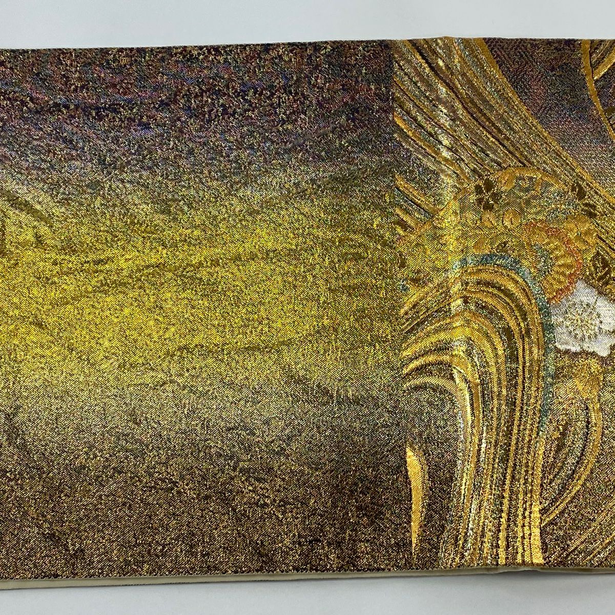 【美品】 袋帶 秀品級 草花紋紋 波 金絲 金金箔 金色 六通 純蠶絲