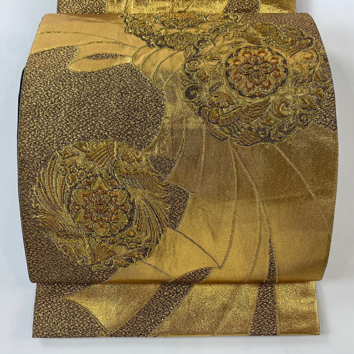 袋帶 秀品級 花鳥紋 束帶熨斗紋 金金箔 金絲 金色 六通 純蠶絲