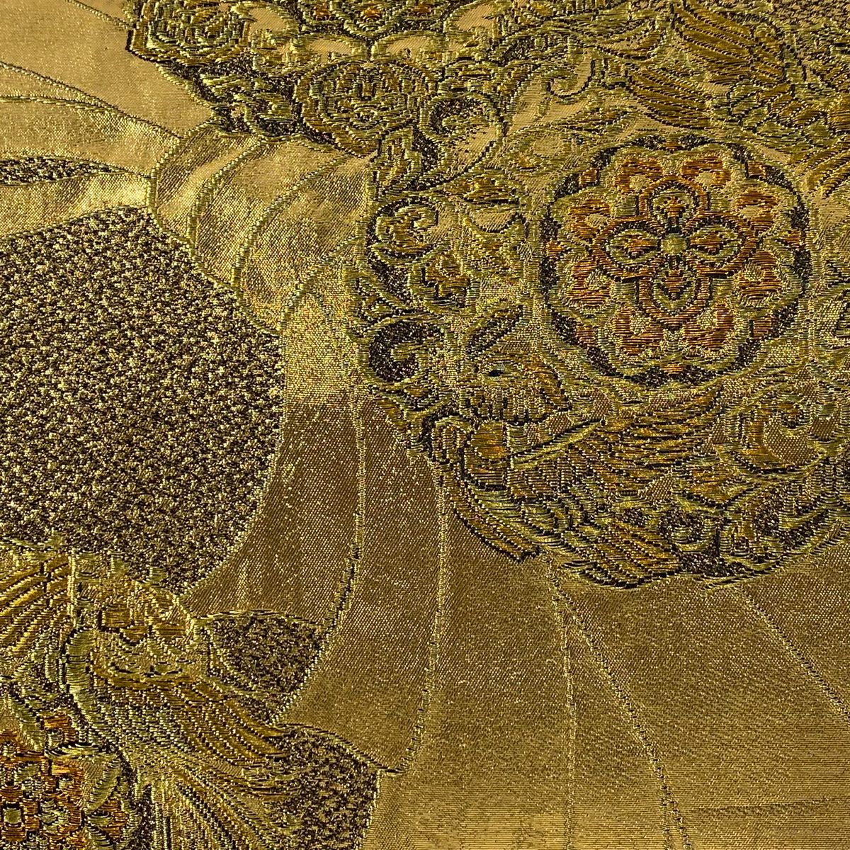 袋帶 秀品級 花鳥紋 束帶熨斗紋 金金箔 金絲 金色 六通 純蠶絲