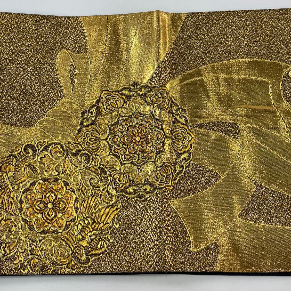 袋帶 秀品級 花鳥紋 束帶熨斗紋 金金箔 金絲 金色 六通 純蠶絲