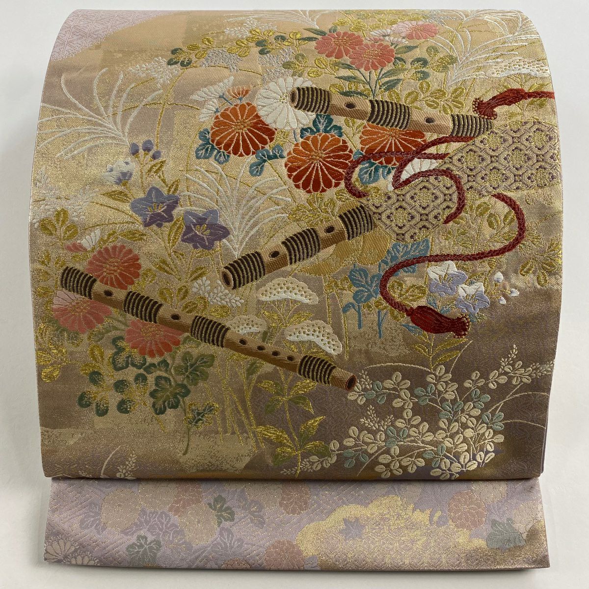 【美品】 袋帶 秀品級 和樂器 秋草 金金箔 金絲 米色 大鼓圖案 純蠶絲