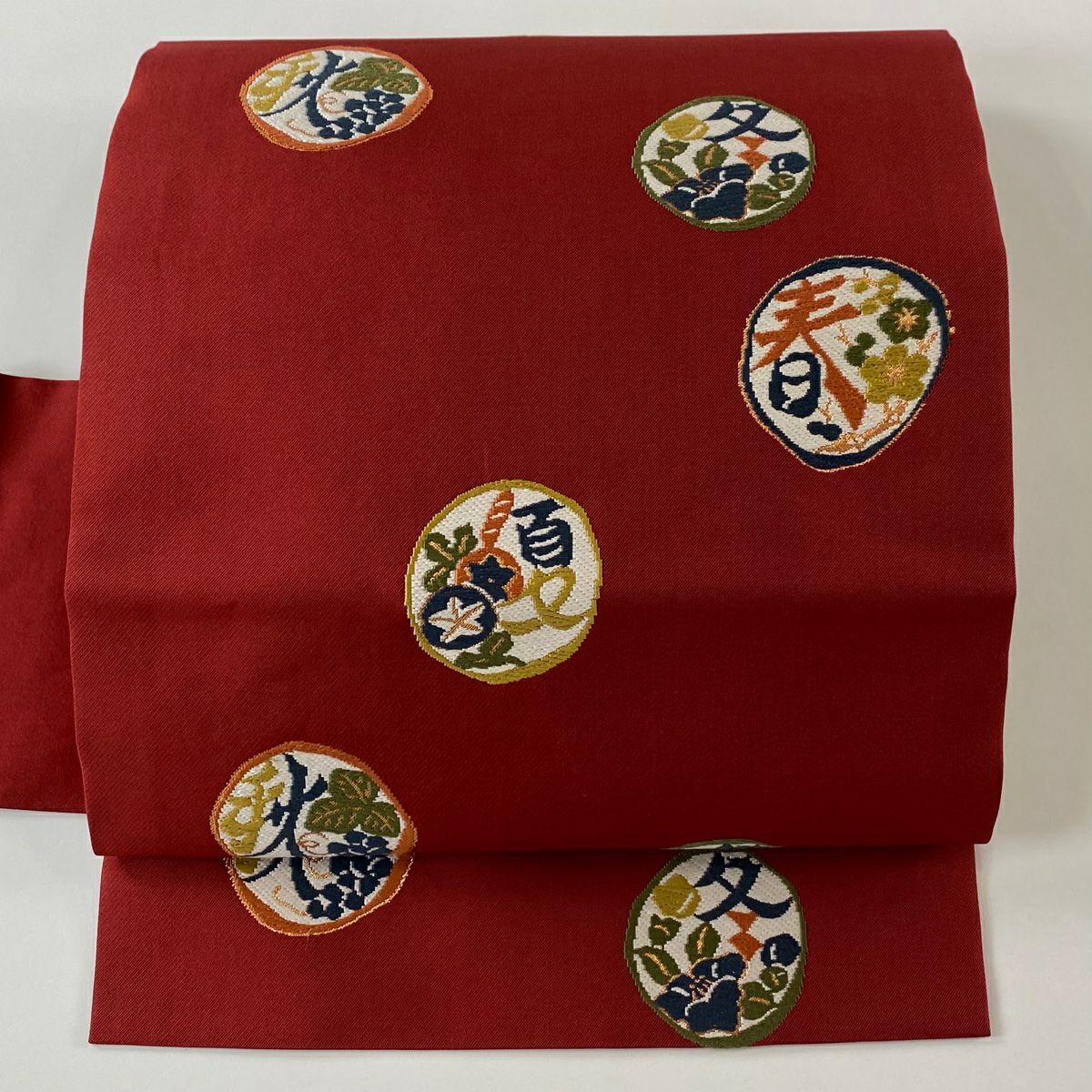 名古屋帶 秀品級 圓紋 春夏秋冬 金金箔 刺繡 茜 純蠶絲