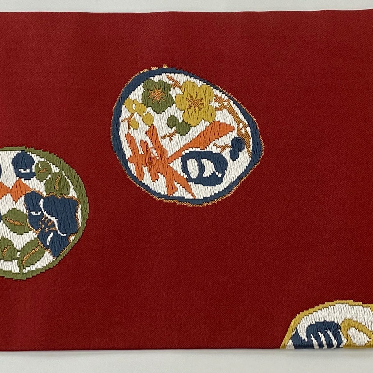 名古屋帶 秀品級 圓紋 春夏秋冬 金金箔 刺繡 茜 純蠶絲