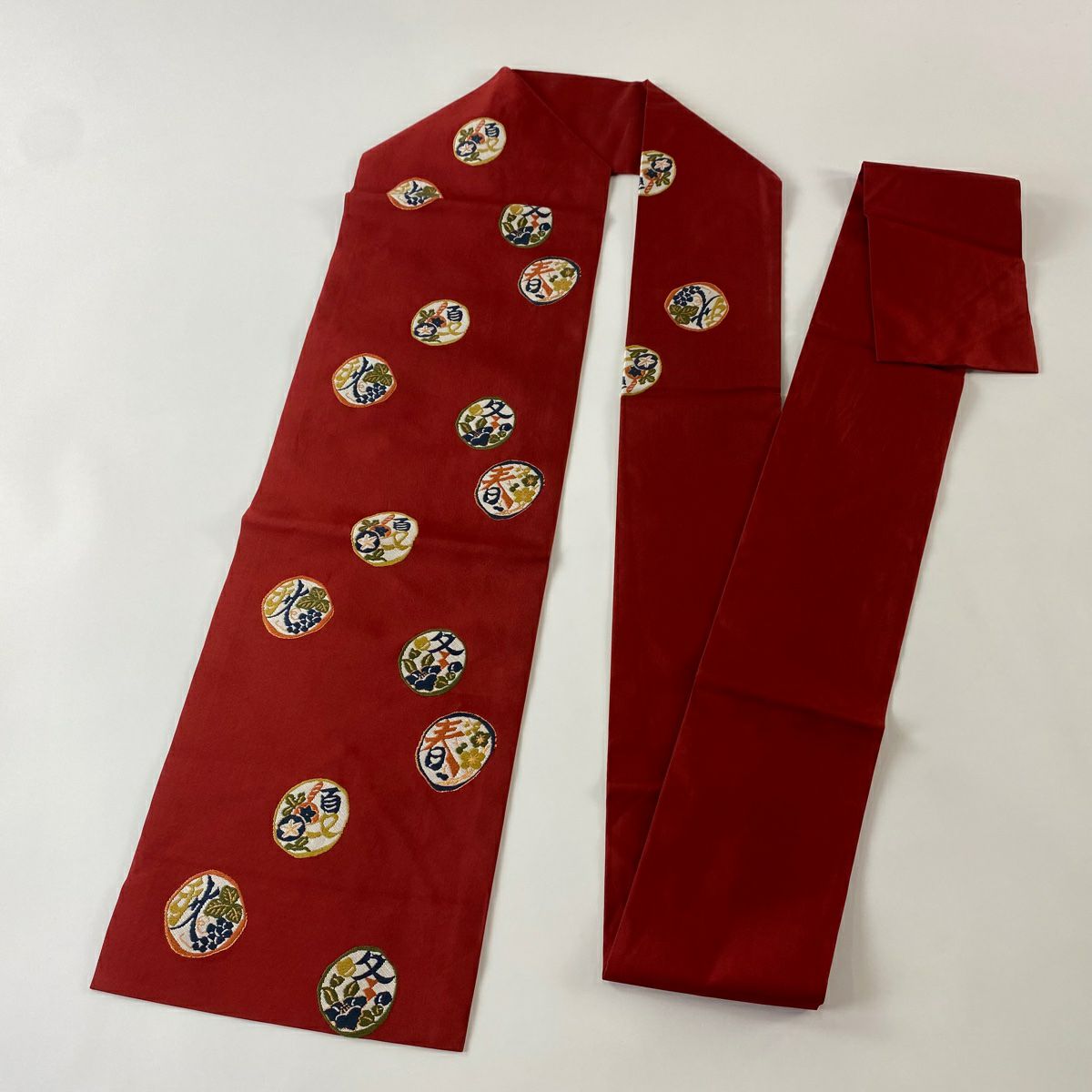 名古屋帶 秀品級 圓紋 春夏秋冬 金金箔 刺繡 茜 純蠶絲
