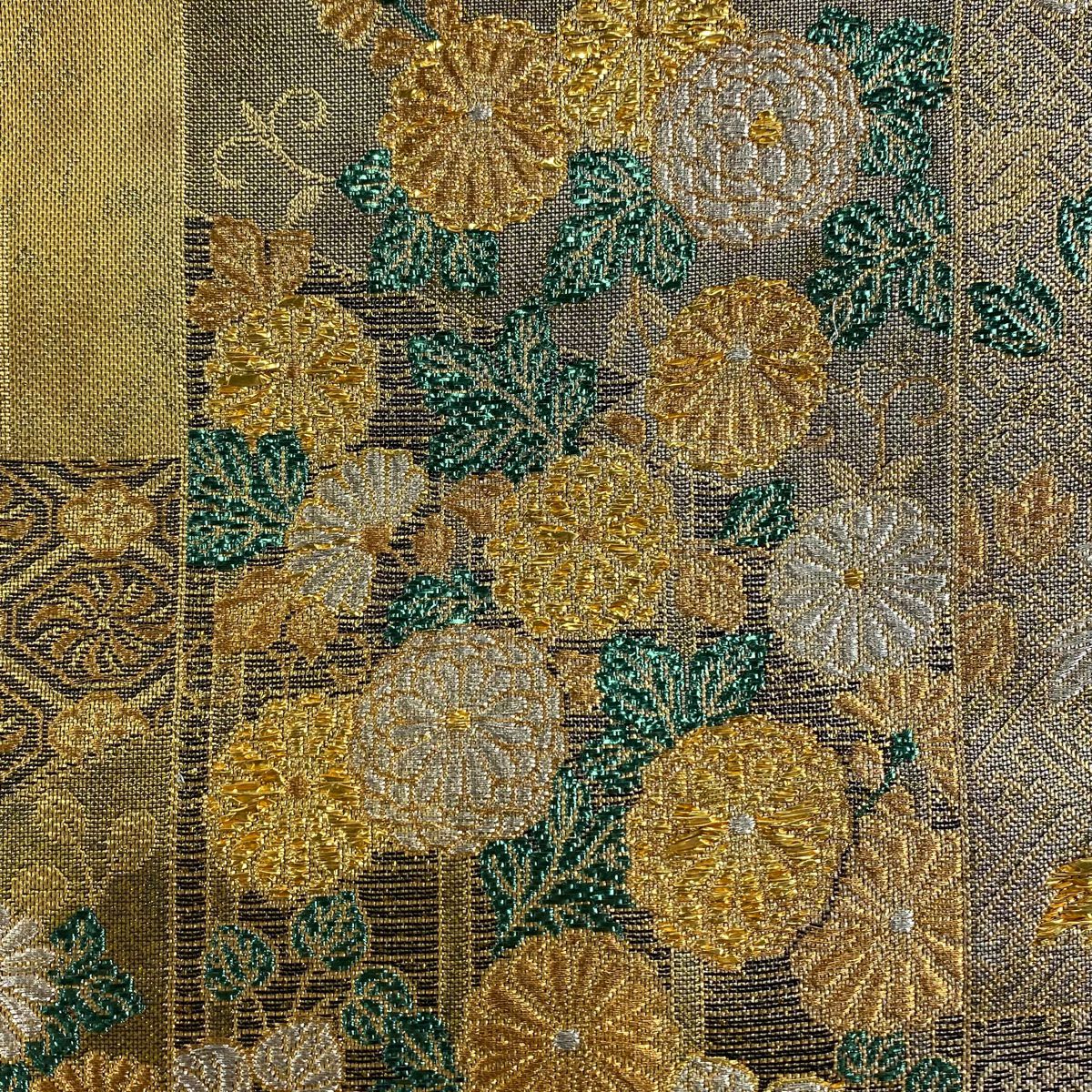 【美品】 袋帶 秀品級 短冊松樹映文 菊花 金金箔 金銀彩 金 六通 純蠶絲