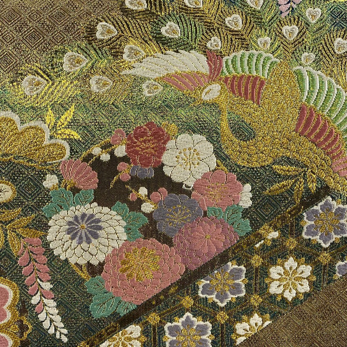 袋帶 秀品級 振袖禮服禮服用 花鳥 松樹竹子梅花 金金箔 金銀線 金 六通 純蠶絲