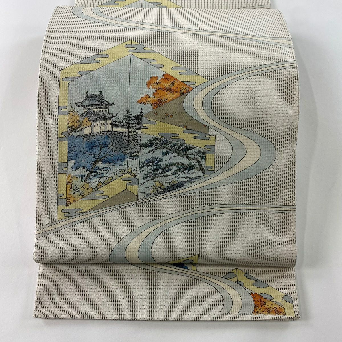 【美品】 袋帶 秀品級 屏風 城風景 灰白 全通 純蠶絲
